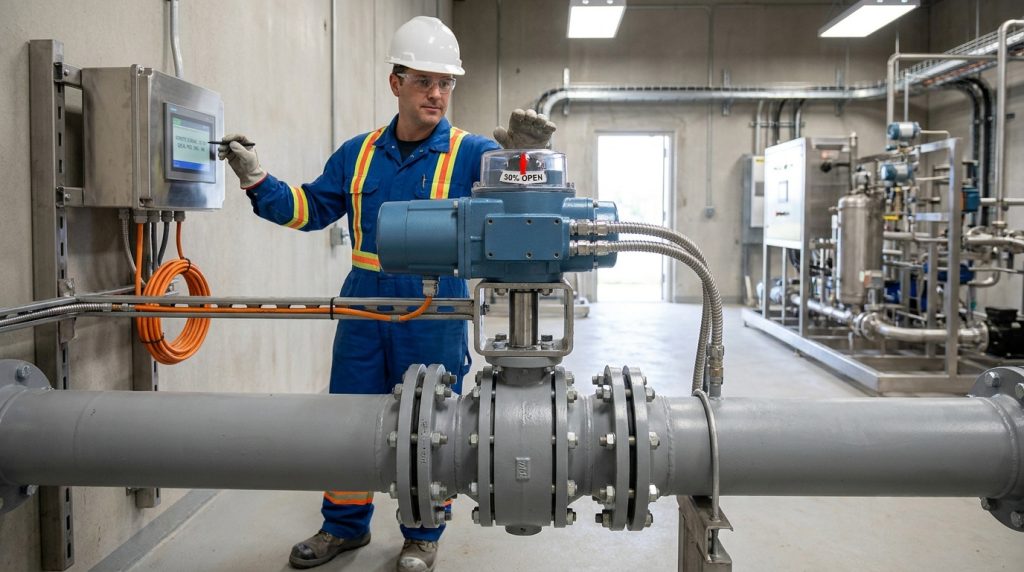 Automated butterfly valve with actuator and local position indicator being verified during field commissioning