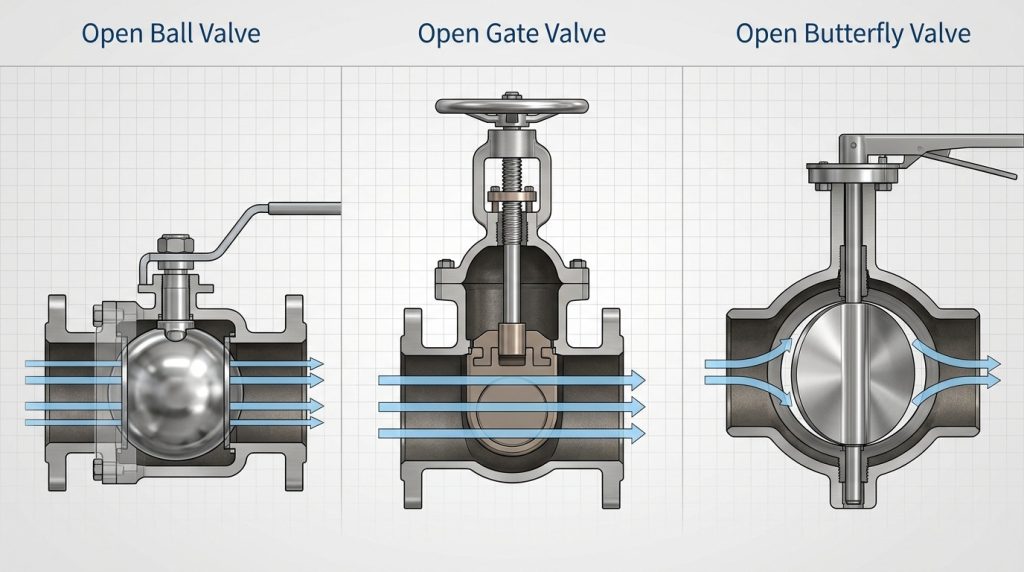 simplified flow path diagram showing open ball valve bore, lifted gate valve, and butterfly valve disc in the pipe