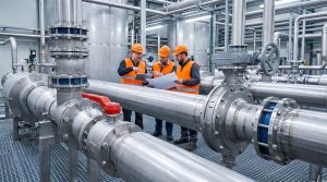 Photorealistic industrial pipeline scene showing a ball valve butterfly valve selection decision with stainless steel valves installed in a modern process facility, highlighting reliable fluid control equipment in an operating environment.
