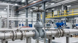 Industrial pipeline system showing a ball valve, gate valve, and butterfly valve installed in a modern manufacturing facility, representing ball valve vs gate valve vs butterfly valve selection for fluid control applications.