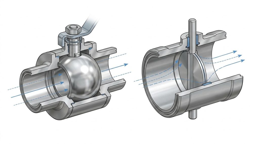 Technical comparison diagram illustrating the internal flow path differences between a rotating ball valve mechanism and a butterfly valve disc mechanism.
