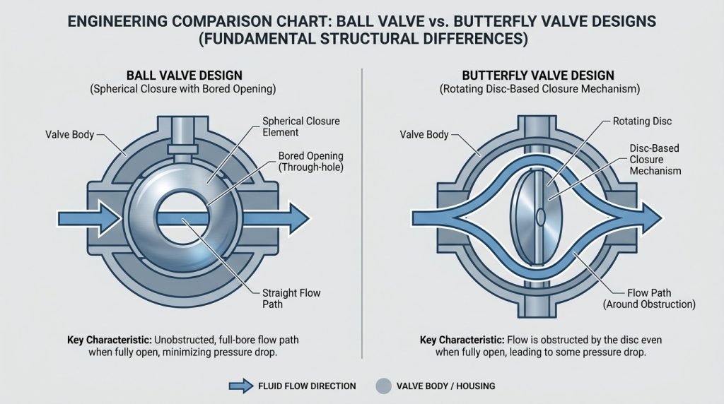 Ball valve and butterfly valve design comparison showing a bored sphere flow path and a rotating disc flow path with labeled structural differences.