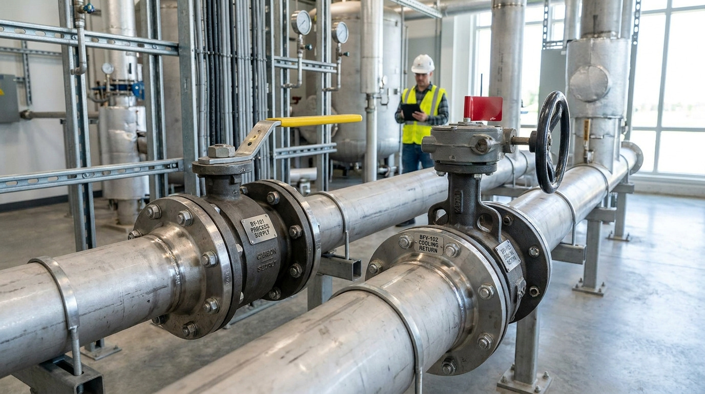 Ball vs butterfly valve comparison showing industrial valve equipment in a process piping environment with a ball valve and butterfly valve as the main subjects for selection evaluation.