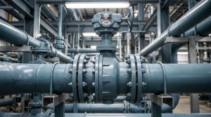 A butterfly shut off valve installed on a large industrial water pipeline with an actuator, flanged connections, and surrounding plant piping.