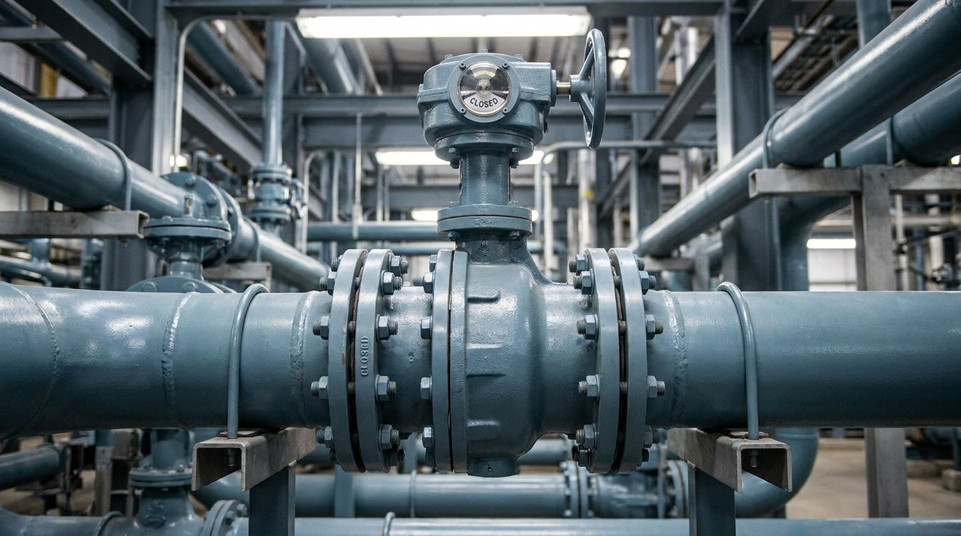 A butterfly shut off valve installed on a large industrial water pipeline with an actuator, flanged connections, and surrounding plant piping.