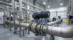 Photorealistic butterfly shut off valve installed in an industrial pipeline system, showing a compact rotary valve body, connected flanges, actuator assembly, and a realistic processing facility environment for butterfly shut off valve selection and operation.