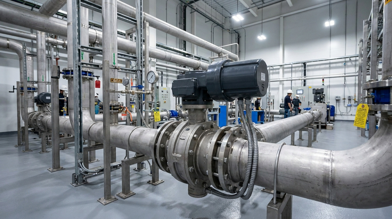 Photorealistic butterfly shut off valve installed in an industrial pipeline system, showing a compact rotary valve body, connected flanges, actuator assembly, and a realistic processing facility environment for butterfly shut off valve selection and operation.