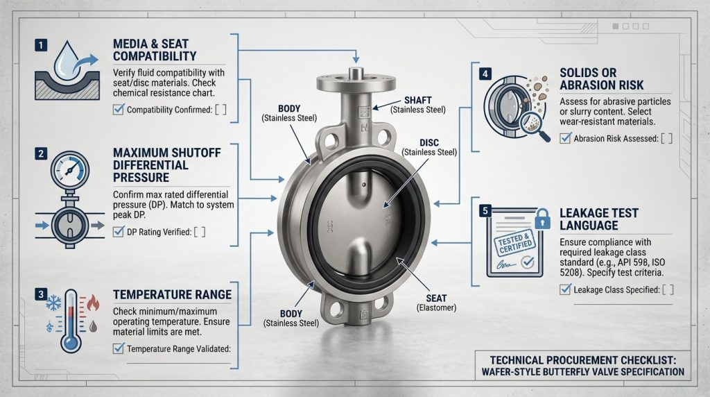Checklist-style infographic showing key butterfly valve limits including seat compatibility, pressure differential, temperature, solids, and leakage test requirement.