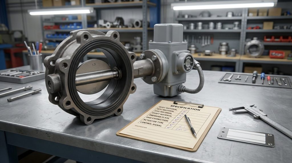 Close-up of butterfly valve body, disc, resilient seat, shaft, actuator, and specification sheet on an industrial workbench.