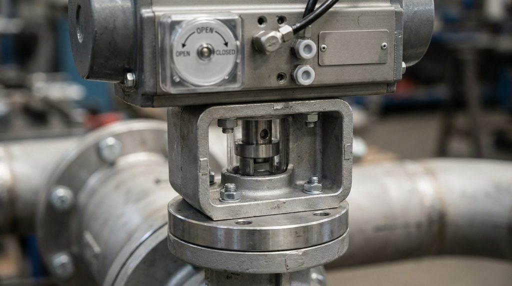 Industrial butterfly valve topworks showing actuator, mounting pad, coupling area, stem drive, and position indicator