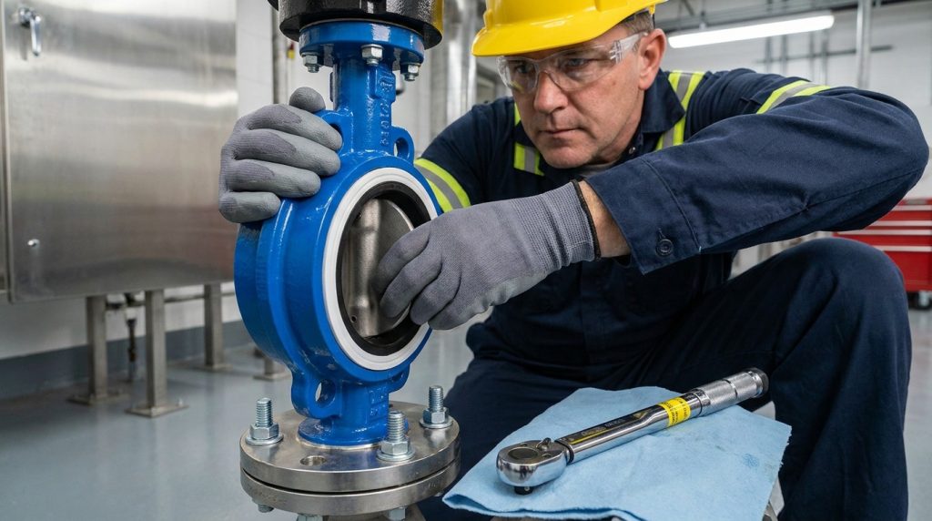Installer checking butterfly valve alignment and disc clearance before tightening flange bolts.