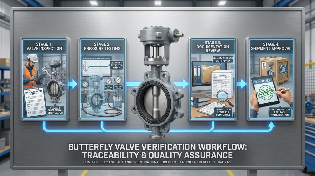 Technical diagram illustrating butterfly valve pressure testing and certification verification workflow from inspection to approval.