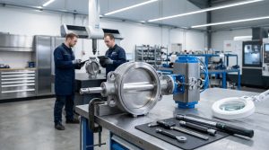 Butterfly valve assembly process showing an industrial valve being precisely assembled and inspected in a modern manufacturing environment
