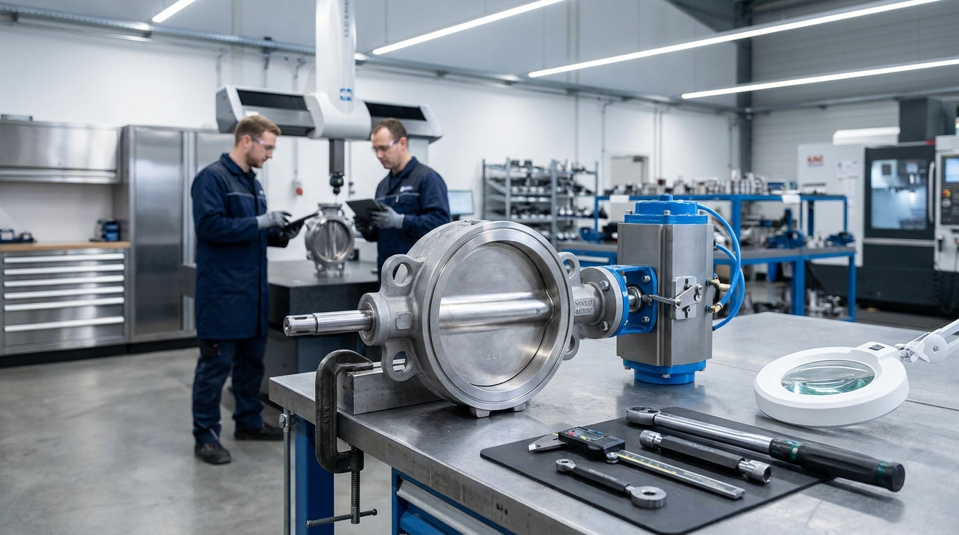 Butterfly valve assembly process showing an industrial valve being precisely assembled and inspected in a modern manufacturing environment