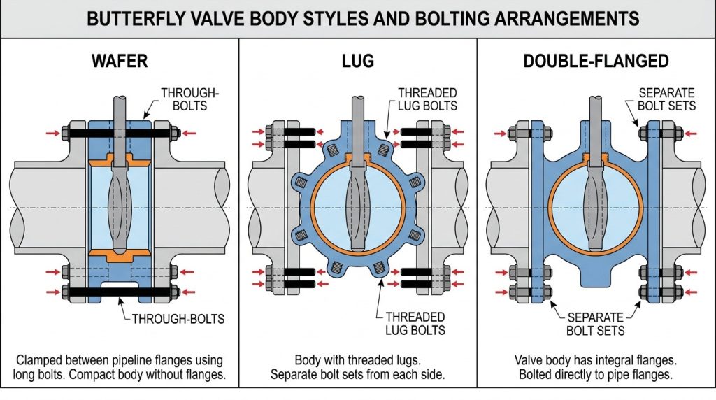 Comparison chart showing wafer, lug, and double-flanged butterfly valve body styles with different pipeline bolting arrangements