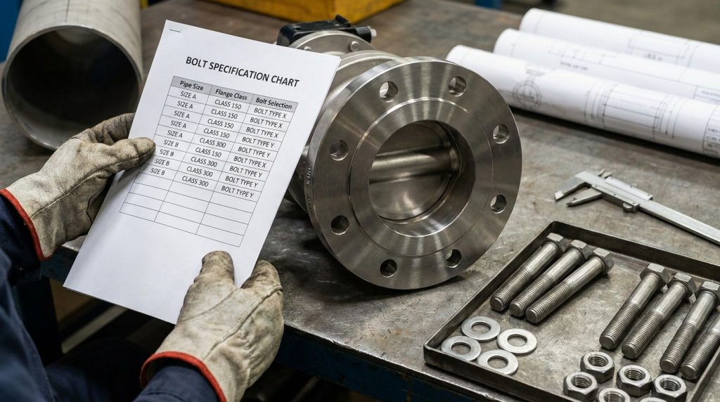 Technician reviewing butterfly valve bolt specifications while matching pipe size, flange dimensions, and fastener requirements