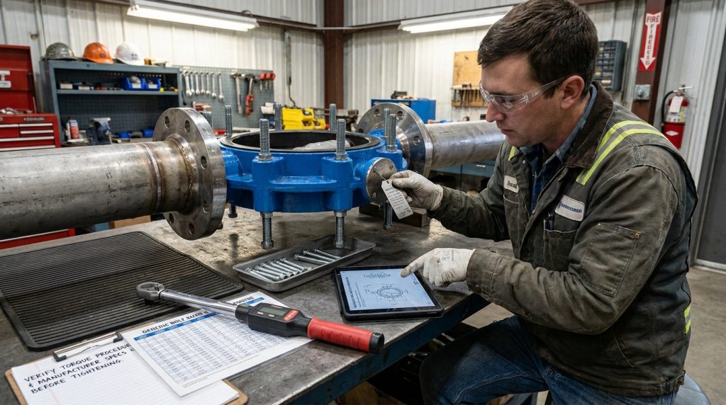Installer comparing a generic bolt chart with the actual lugged butterfly valve and torque wrench before tightening.