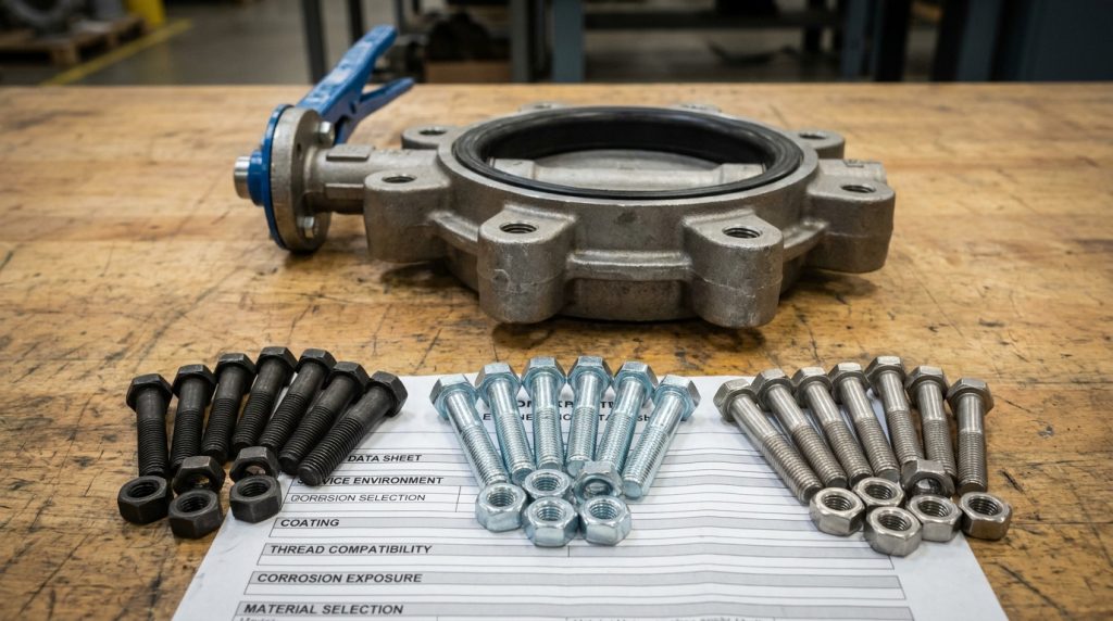 Different coated and stainless bolts laid beside a lug butterfly valve for corrosive and general service selection.