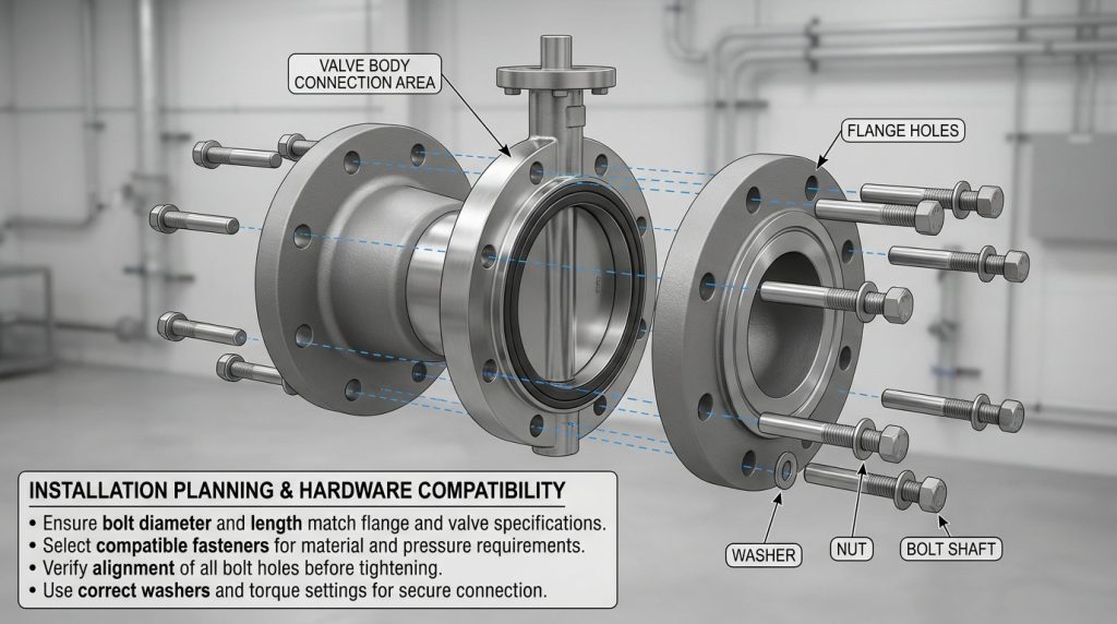 Technical illustration comparing butterfly valve flange connection components, showing how bolt dimensions align with valve body, flange holes, and installation requirements.
