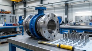 Butterfly valve cap screw chart used beside a wafer butterfly valve installed between industrial pipe flanges, with matching cap screws, flange faces, and a torque wrench prepared for assembly in a clean piping maintenance environment.