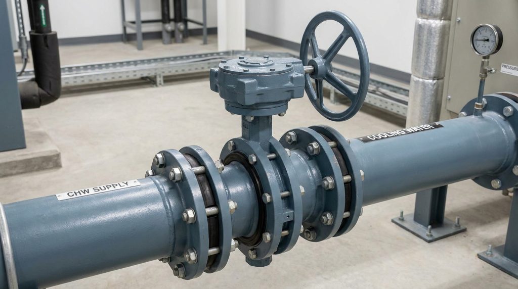 Industrial butterfly valve installed on a clean water or HVAC utility line with clear access for operation and maintenance.
