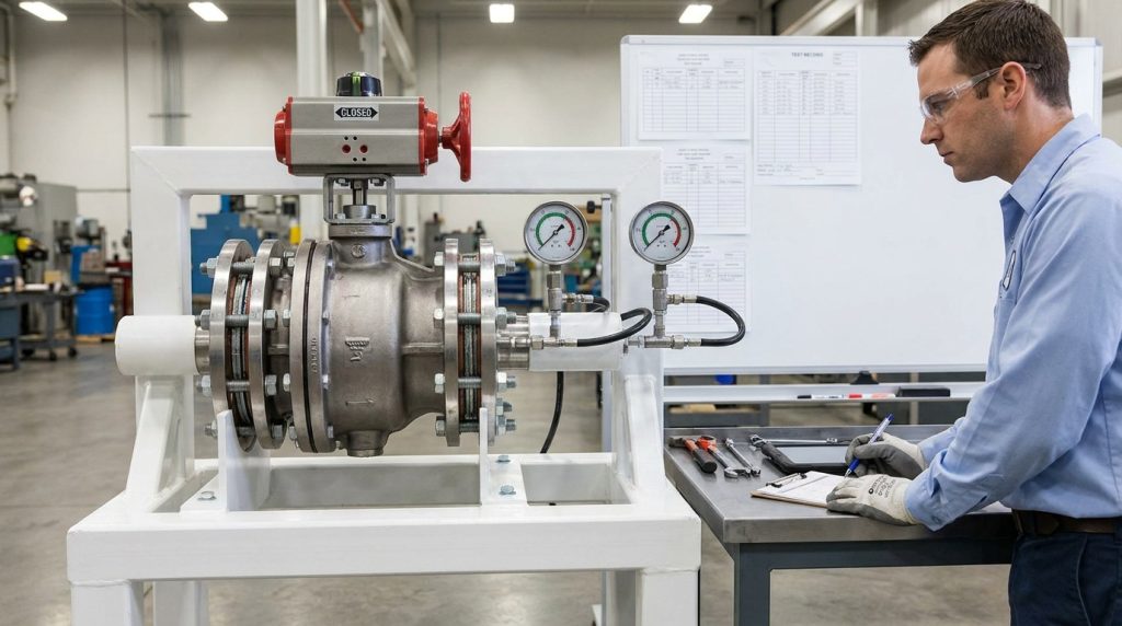 Butterfly valve in the closed position on a test bench for shutoff and leakage inspection