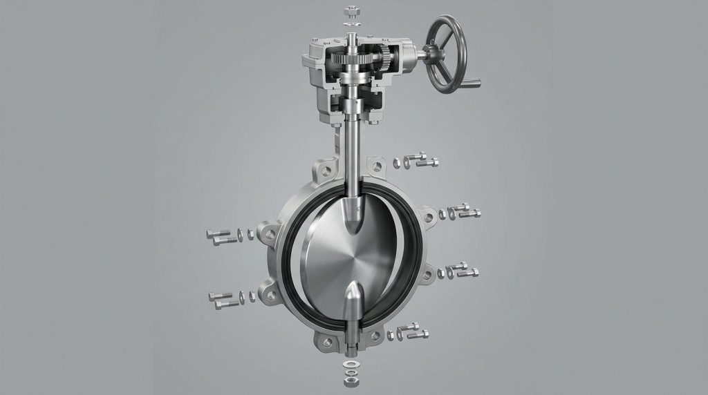 Exploded technical view of a butterfly valve showing the main components including body, disk, stem, seat, and actuator arrangement