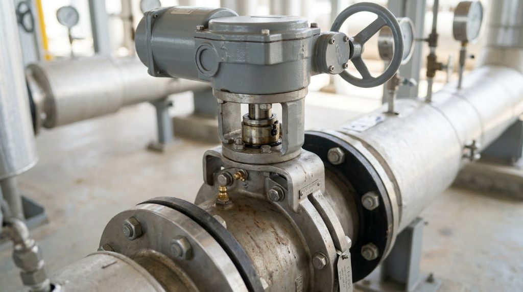 Industrial butterfly valve actuator and internal components including the stem, disc, and valve body installed on a process pipeline.