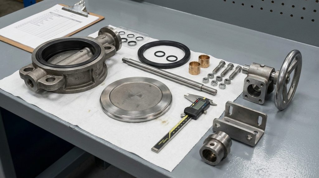Real butterfly valve components arranged for inspection, including body, disc, seat, stem, seals, bushings, and manual operator parts