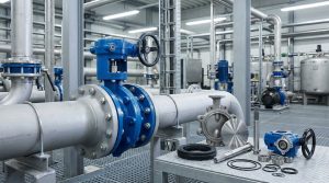 Butterfly valve components arranged around an assembled industrial butterfly valve installed in a process pipeline, with the body, disc, stem, seat, seals, bearings, and actuator visibly represented in a realistic plant environment.