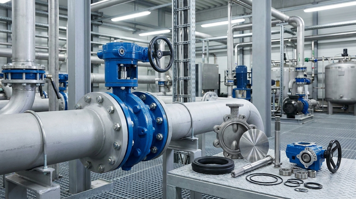 Butterfly valve components arranged around an assembled industrial butterfly valve installed in a process pipeline, with the body, disc, stem, seat, seals, bearings, and actuator visibly represented in a realistic plant environment.