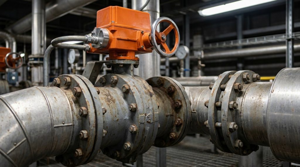 Industrial butterfly valve actuator assembly and pipeline installation showing how valve components, connection points, and operating environment work together in a flow control system.