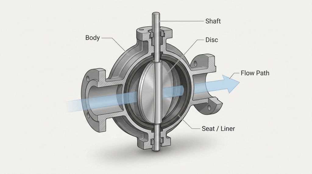 Cutaway view of a butterfly valve showing the disc, shaft, body, seat, and flow path inside the pipe.
