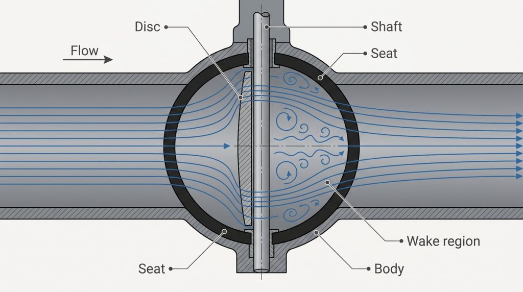 Cutaway view of a concentric butterfly valve showing the disc, shaft, and seat inside the bore with flow streamlines separating around the disc.