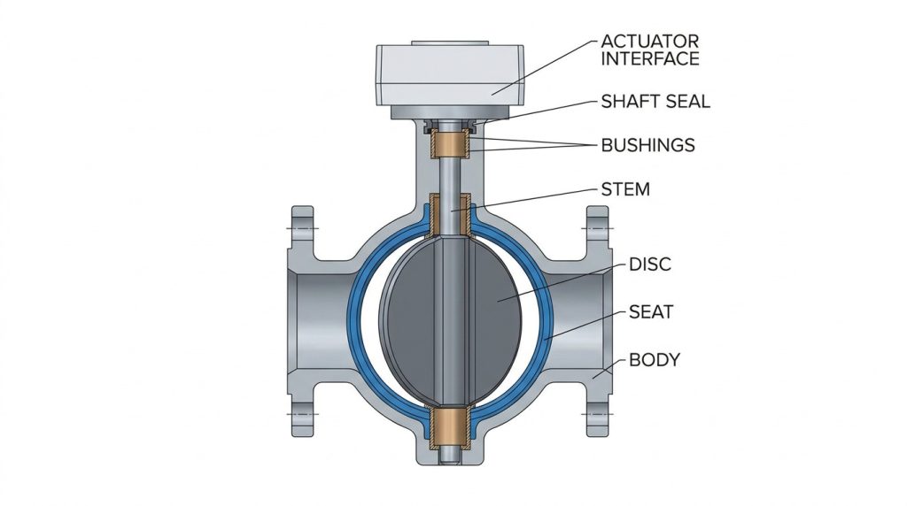Section view of a butterfly valve showing body, disc, stem, seat, bushings, shaft seal, and actuator interface in reading order