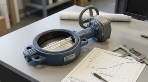 Industrial butterfly valve next to a butterfly valve Cv curve chart used for sizing analysis on an engineer's desk