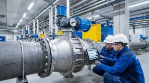 Industrial butterfly valve with butterfly valve cv curve application scene, showing a precision-engineered valve installed in a process pipeline with engineers reviewing flow control performance data in a factory environment.