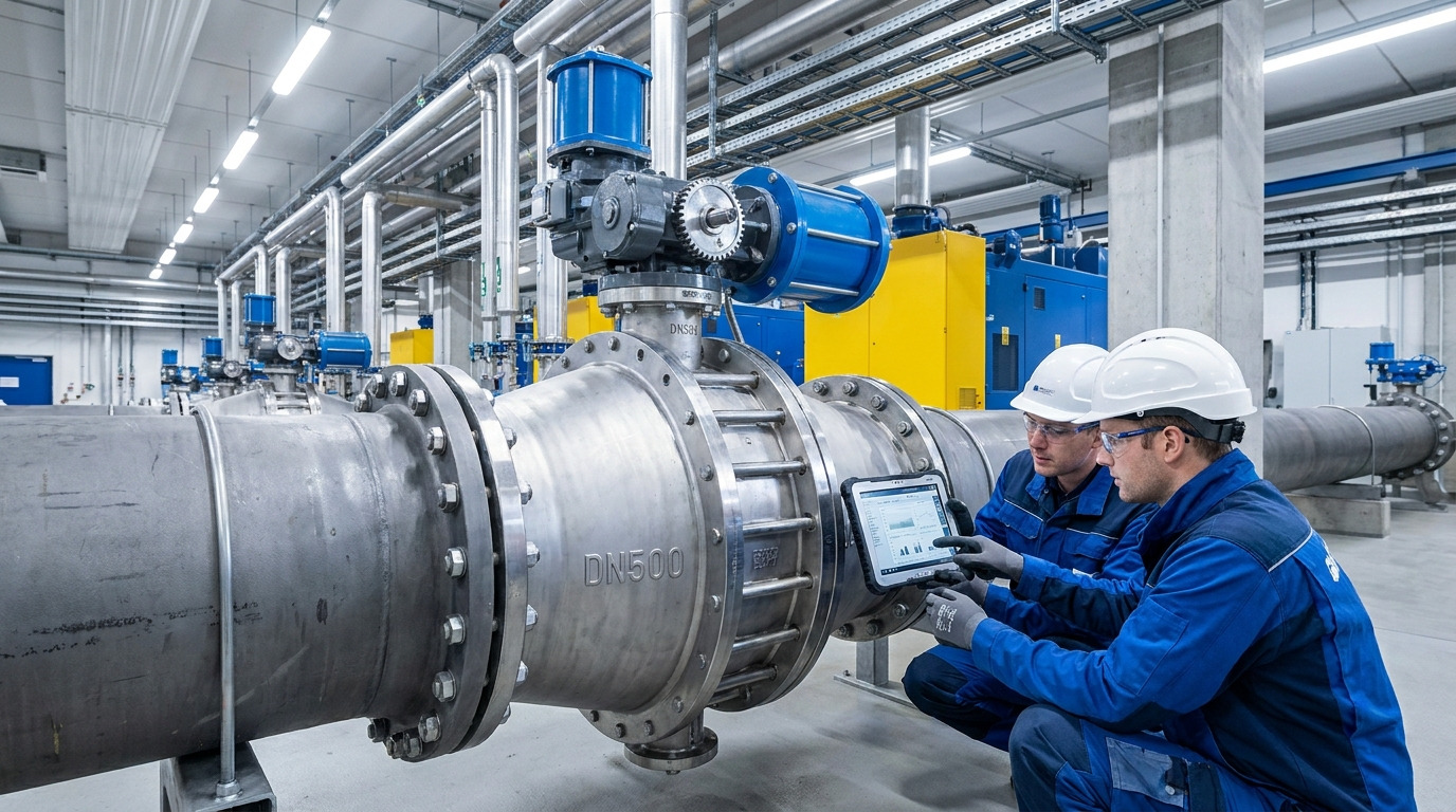 Industrial butterfly valve with butterfly valve cv curve application scene, showing a precision-engineered valve installed in a process pipeline with engineers reviewing flow control performance data in a factory environment.