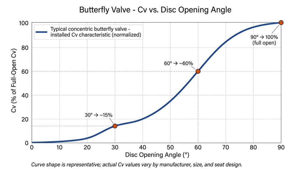 Diagram of a butterfly valve Cv curve showing flow coefficient rising non-linearly with disc opening angle from 0 to 90 degrees