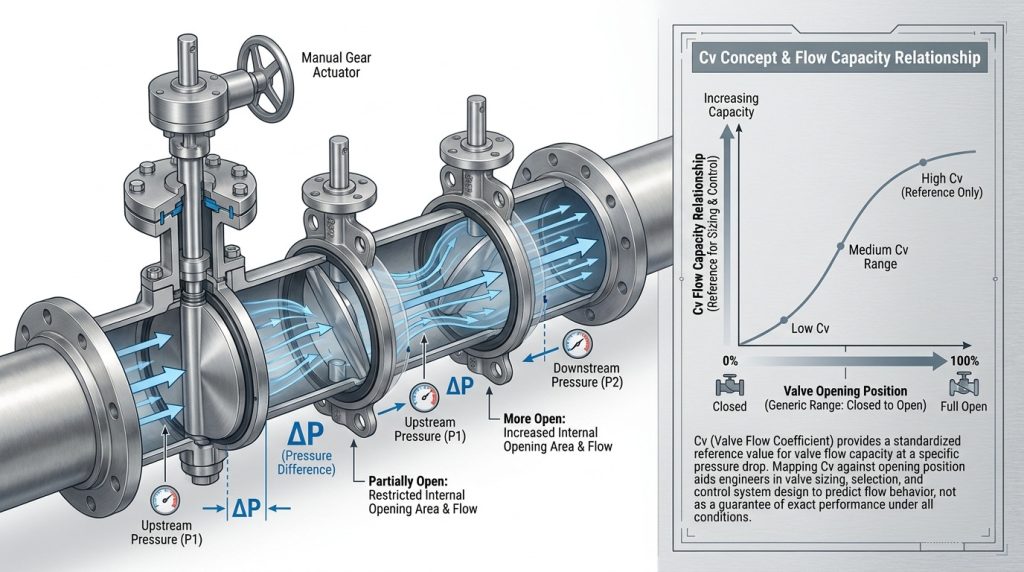 Diagram explaining the relationship between butterfly valve opening position and Cv-based flow capacity measurement using engineering flow control concepts.