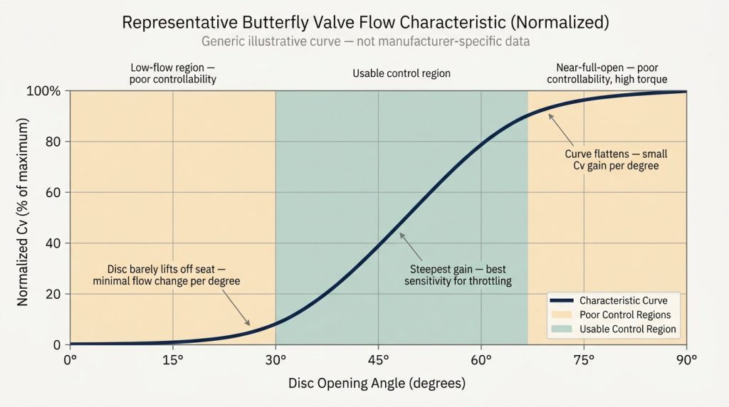 Butterfly valve Cv flow coefficient curve versus disc opening angle from 0 to 90 degrees