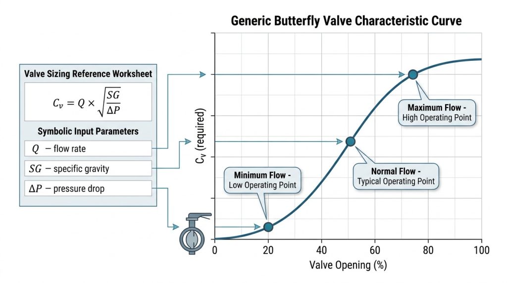 Engineer matching required Cv points to a butterfly valve opening curve during valve sizing.