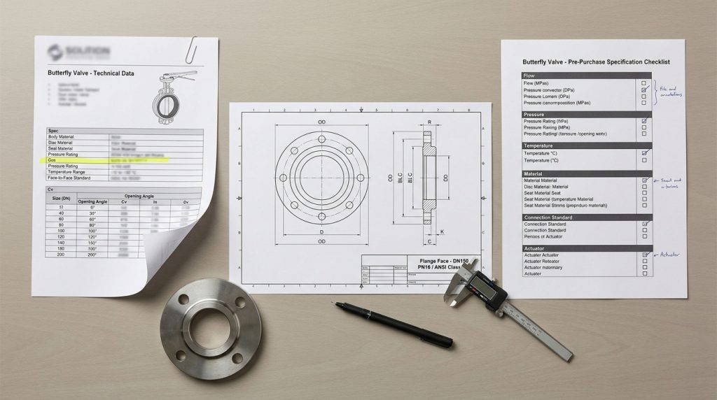 Butterfly valve data sheet, flange dimension drawing, and specification checklist laid out for pre-purchase verification