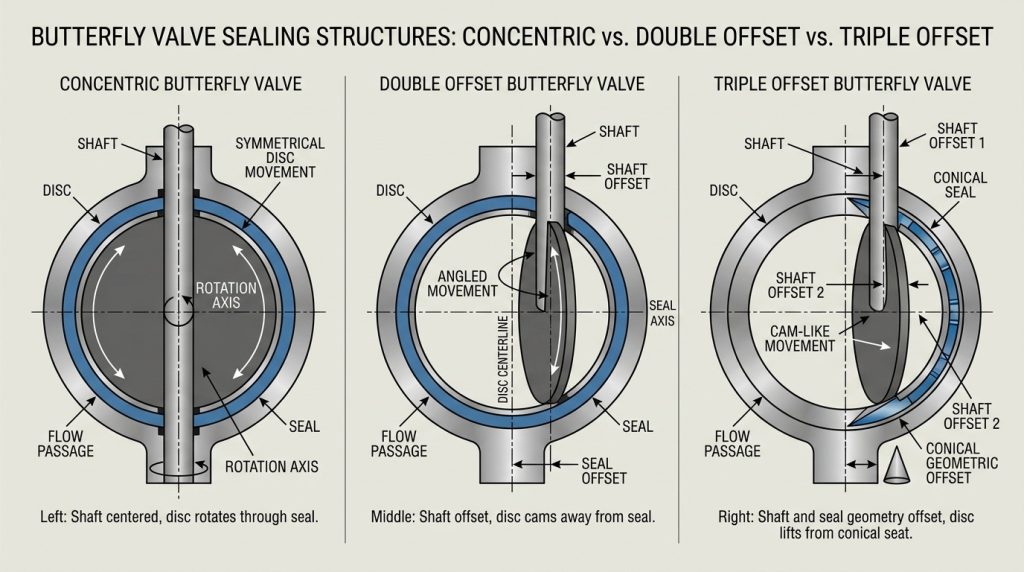 Comparison of concentric, double offset, and triple offset butterfly valve sealing structures showing different disc and shaft arrangements in an engineering diagram