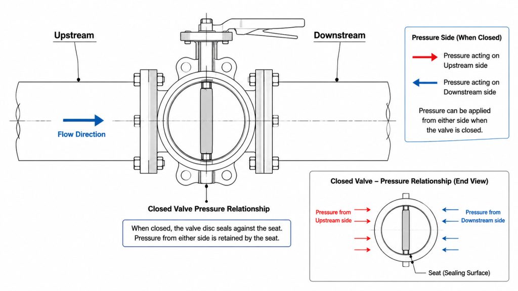 Butterfly valve with directional arrow markings, upstream and downstream pipe sides, and pressure-side indicators in a technical installation diagram.