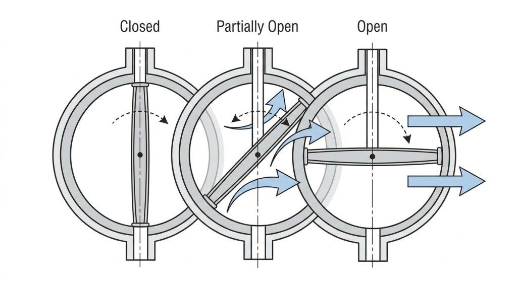 Butterfly valve disc positions inside a piping system showing how different opening angles affect flow passage area and valve operation.