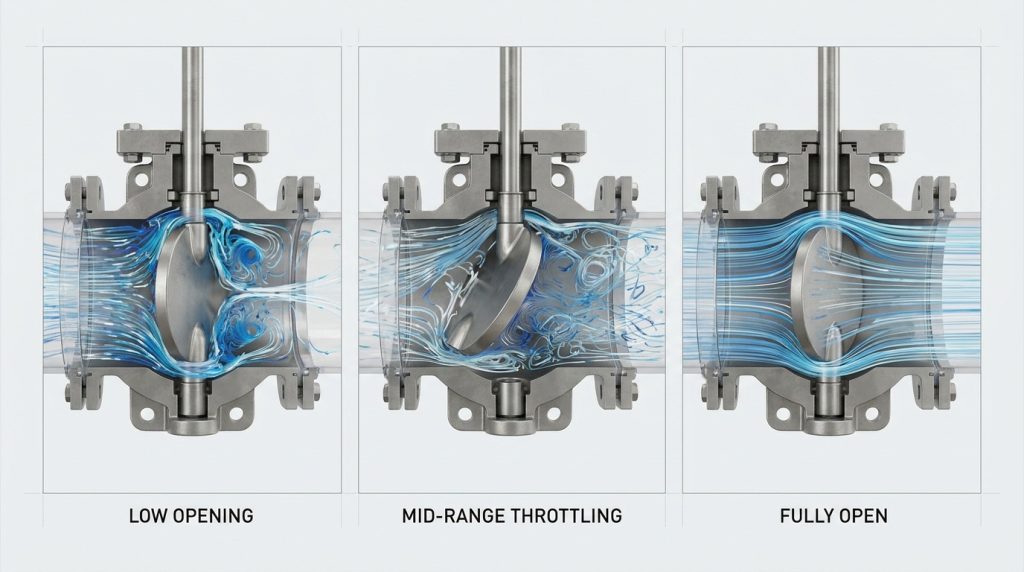 Comparison of butterfly valve disc opening angles showing how different positions influence fluid flow behavior inside a pipeline system.