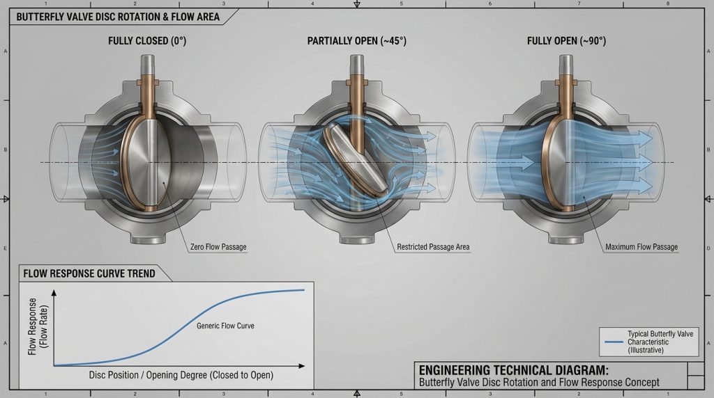 Engineering diagram illustrating how butterfly valve disc rotation changes fluid passage area and affects the butterfly valve flow curve from closed to fully open positions