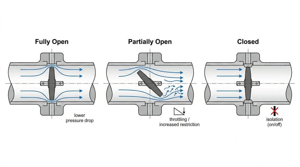 Simplified flow path diagram showing how a butterfly valve disc remains in the pipe bore when open