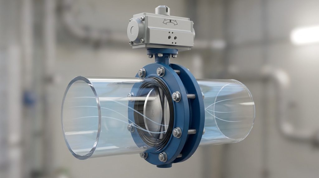 Butterfly valve disc shown at a mid-open throttling angle inside a transparent pipe section illustrating a stable operating position